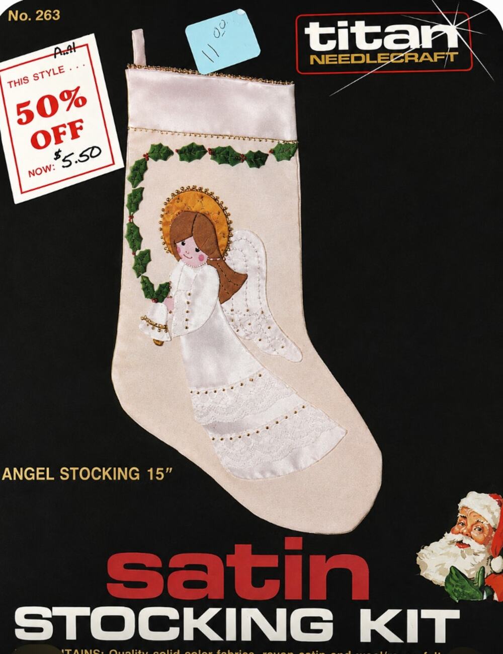 1983 Vintage Titan Needlecraft Angel Satin Christmas 15" Stocking Kit